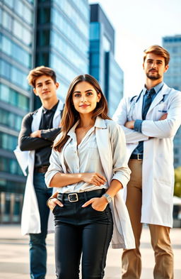 A realistic cover image featuring a young woman and two young men