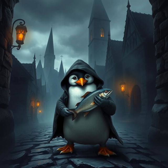 A cunning rogue penguin, dressed in a small, tattered dark cloak and a black mask, sneaking through the narrow, cobblestone streets of a dark medieval city