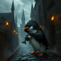 A cunning rogue penguin, dressed in a small, tattered dark cloak and a black mask, sneaking through the narrow, cobblestone streets of a dark medieval city