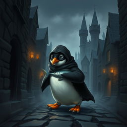 A cunning rogue penguin, dressed in a small, tattered dark cloak and a black mask, sneaking through the narrow, cobblestone streets of a dark medieval city