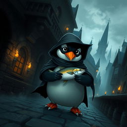 A cunning rogue penguin, dressed in a small, tattered dark cloak and a black mask, sneaking through the narrow, cobblestone streets of a dark medieval city