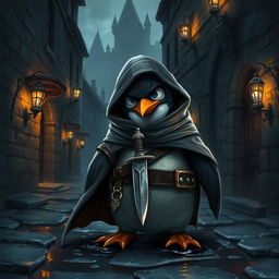 A cunning rogue penguin in a dark medieval city, wearing a cloak and leather armor, with a glinting dagger hanging from its belt