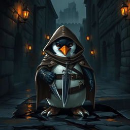 A cunning rogue penguin in a dark medieval city, wearing a cloak and leather armor, with a glinting dagger hanging from its belt