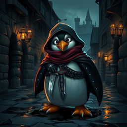 A cunning rogue penguin in a dark medieval city, wearing a cloak and leather armor, with a glinting dagger hanging from its belt