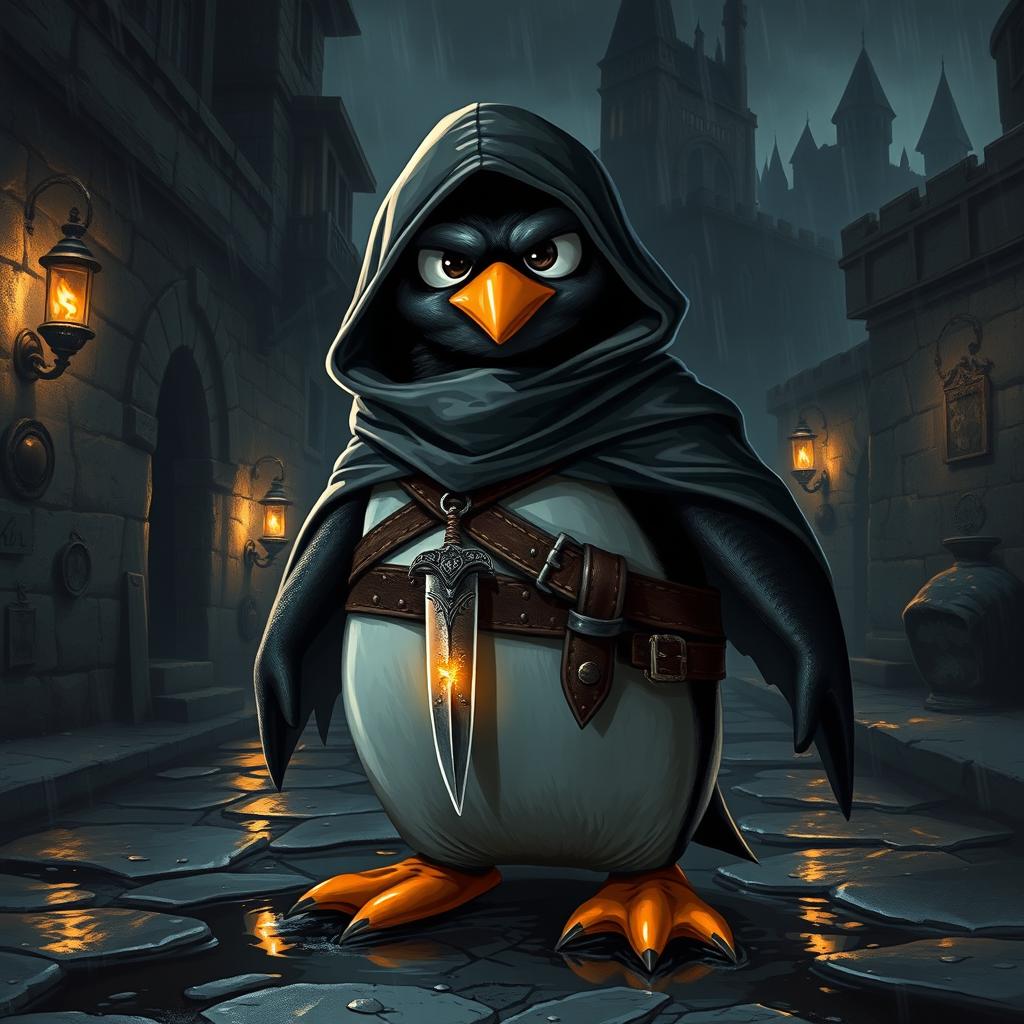 A cunning rogue penguin in a dark medieval city, wearing a cloak and leather armor, with a glinting dagger hanging from its belt