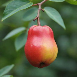 An illustrative image of a pear-shaped Ackee fruit. As the national fruit of Jamaica, it possesses a brilliant red exterior with a soft yellow interior and black seeds.