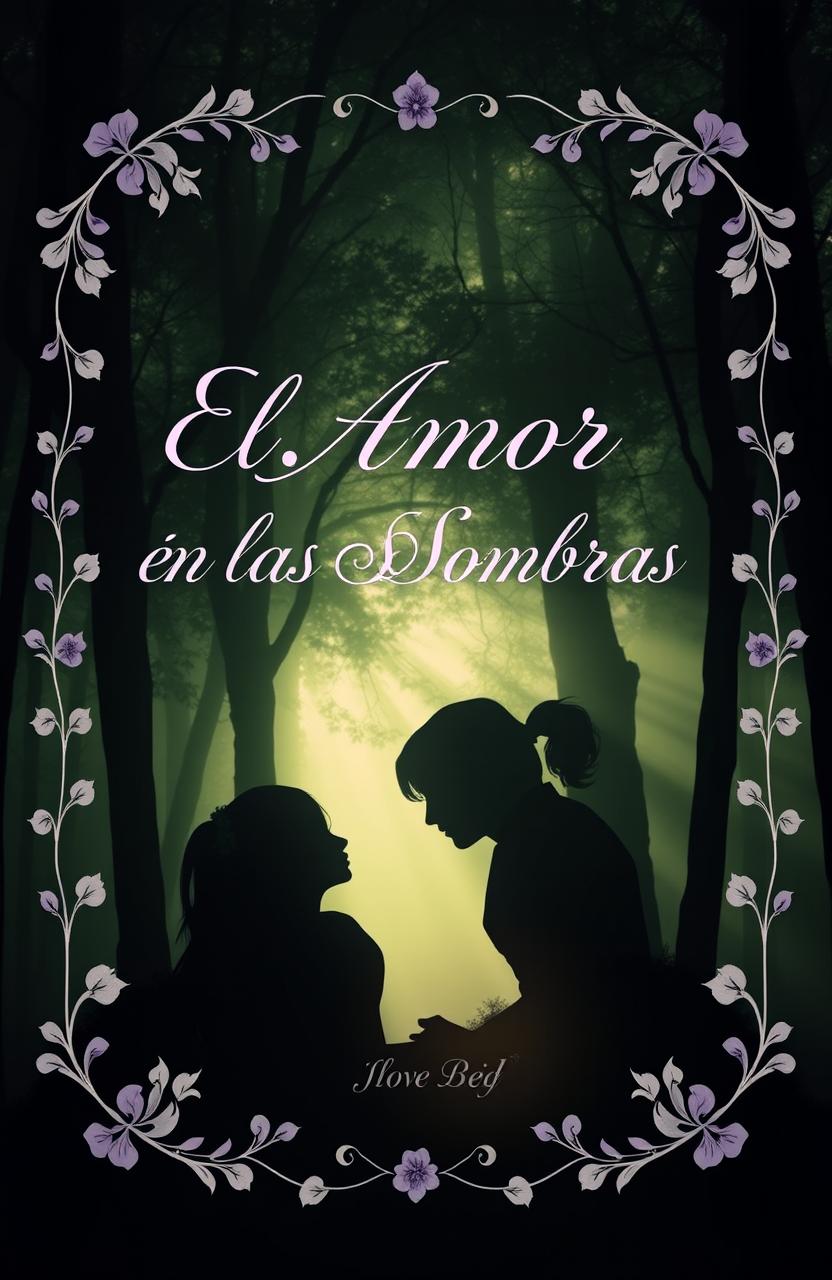 A captivating book cover design featuring the title "El Amor en las Sombras" elegantly written in a romantic and whimsical font