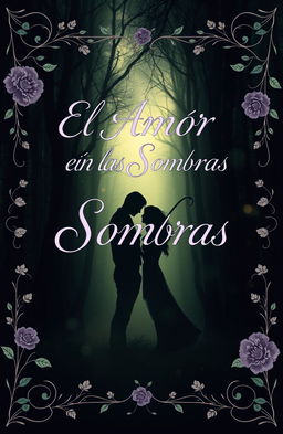 A captivating book cover design featuring the title "El Amor en las Sombras" elegantly written in a romantic and whimsical font