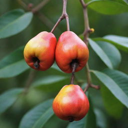 An illustrative image of a pear-shaped Ackee fruit. As the national fruit of Jamaica, it possesses a brilliant red exterior with a soft yellow interior and black seeds.