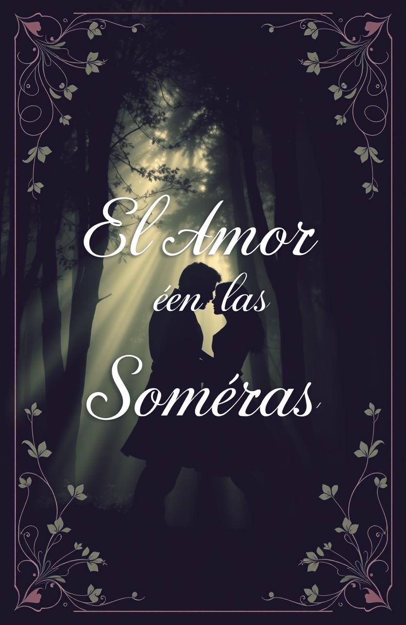 A captivating book cover design featuring the title "El Amor en las Sombras" elegantly written in a romantic and whimsical font