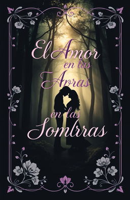 A captivating book cover design featuring the title "El Amor en las Sombras" elegantly written in a romantic and whimsical font