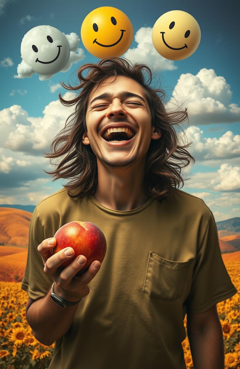 A surreal scene depicting a person filled with wild joy and happiness, expressing a blend of emotions, including a hint of sadness