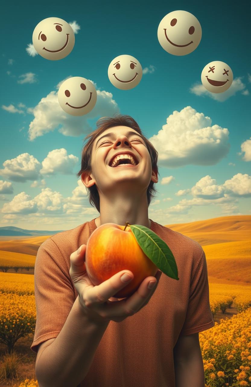 A surreal scene depicting a person filled with wild joy and happiness, expressing a blend of emotions, including a hint of sadness