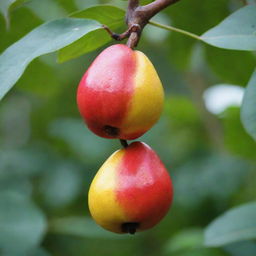 An illustrative image of a pear-shaped Ackee fruit. As the national fruit of Jamaica, it possesses a brilliant red exterior with a soft yellow interior and black seeds.