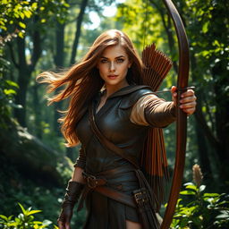 A skilled female archer with flowing brown hair and light brown eyes, standing confidently in a deep and lush forest