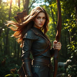 A skilled female archer with flowing brown hair and light brown eyes, standing confidently in a deep and lush forest