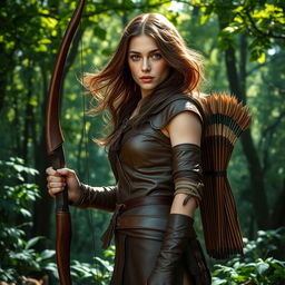 A skilled female archer with flowing brown hair and light brown eyes, standing confidently in a deep and lush forest