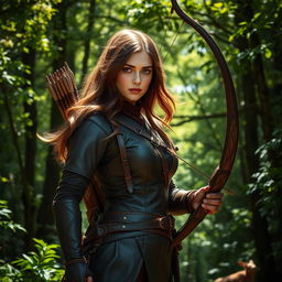 A skilled female archer with flowing brown hair and light brown eyes, standing confidently in a deep and lush forest