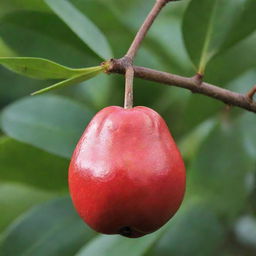 An illustrative image of a pear-shaped Ackee fruit. As the national fruit of Jamaica, it possesses a brilliant red exterior with a soft yellow interior and black seeds.