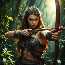 A strong female Amazon warrior with long brown hair and captivating light brown eyes, poised in a deep, enchanting forest