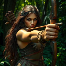 A strong female Amazon warrior with long brown hair and captivating light brown eyes, poised in a deep, enchanting forest