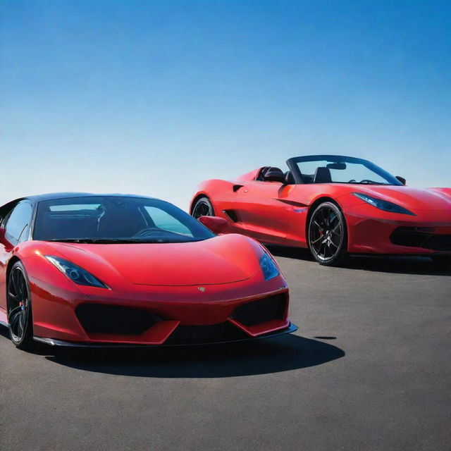 Two high-performance sports cars, immaculate in condition, one in dazzling red and another in sleek black, side by side under a clear azure sky.