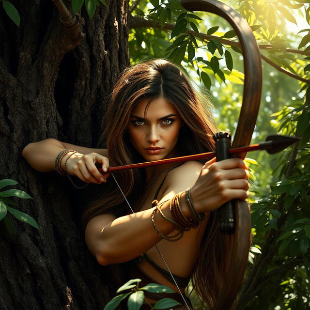 A fierce female Amazon warrior with long brown hair and striking light brown eyes, expertly hidden in the branches of a towering tree within a deep forest