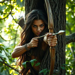 A fierce female Amazon warrior with long brown hair and striking light brown eyes, expertly hidden in the branches of a towering tree within a deep forest