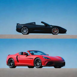 Two high-performance sports cars, immaculate in condition, one in dazzling red and another in sleek black, side by side under a clear azure sky.