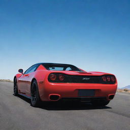 Two high-performance sports cars, immaculate in condition, one in dazzling red and another in sleek black, side by side under a clear azure sky.