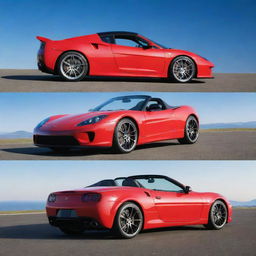 Two high-performance sports cars, immaculate in condition, one in dazzling red and another in sleek black, side by side under a clear azure sky.