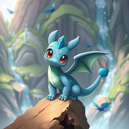 A whimsical and adorable Dragon-type Pokémon with vibrant scales, showcasing a blend of blue and green colors