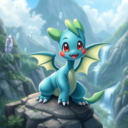 A whimsical and adorable Dragon-type Pokémon with vibrant scales, showcasing a blend of blue and green colors