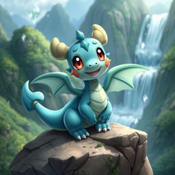 A whimsical and adorable Dragon-type Pokémon with vibrant scales, showcasing a blend of blue and green colors