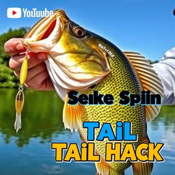 A visually striking YouTube thumbnail in 1920x1080 resolution featuring a close-up shot of a large bass held by an excited fisherman, with the lure prominently visible in the fish's mouth