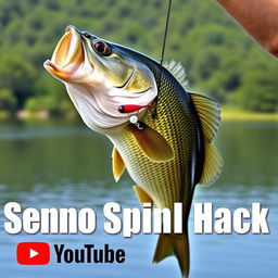 A visually striking YouTube thumbnail in 1920x1080 resolution featuring a close-up shot of a large bass held by an excited fisherman, with the lure prominently visible in the fish's mouth