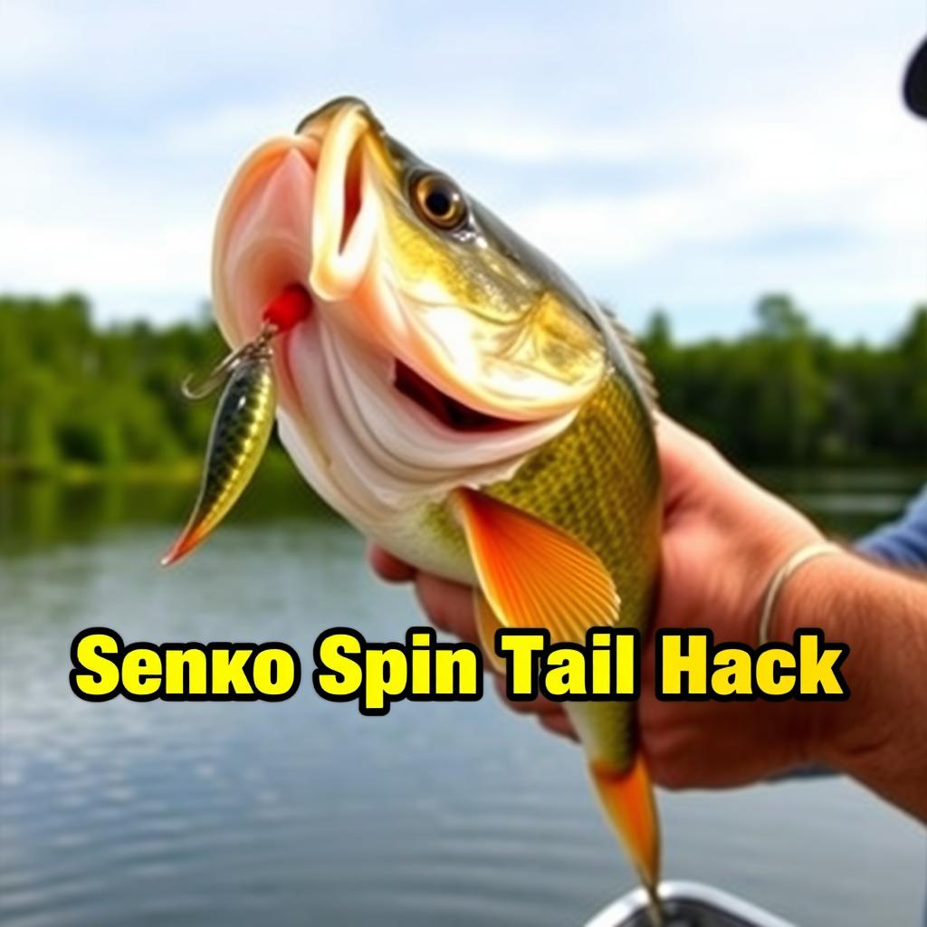 A captivating YouTube thumbnail in 1920x1080 resolution featuring a close-up shot of a large bass being held by an enthusiastic fisherman, with the lure prominently visible in the fish's mouth