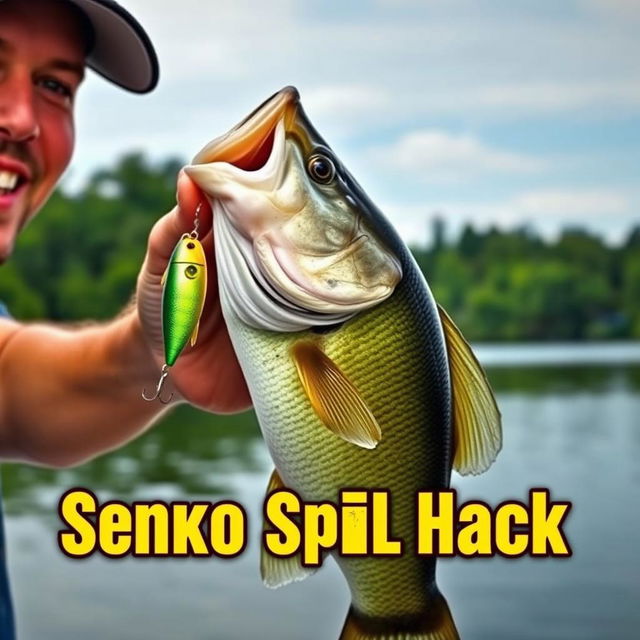 A captivating YouTube thumbnail in 1920x1080 resolution featuring a close-up shot of a large bass being held by an enthusiastic fisherman, with the lure prominently visible in the fish's mouth