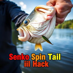 A captivating YouTube thumbnail in 1920x1080 resolution featuring a close-up shot of a large bass being held by an enthusiastic fisherman, with the lure prominently visible in the fish's mouth