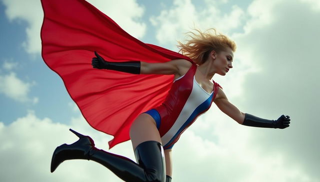 A dynamic scene featuring a blonde superheroine adorned in a striking red, white, and blue latex swimsuit, complemented by stylish long leather opera gloves