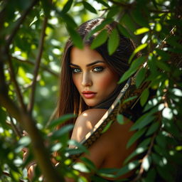 A striking female Amazon warrior with long brown hair and captivating light brown eyes, her face is closed and serene, reflecting a moment of calm focus