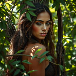 A striking female Amazon warrior with long brown hair and captivating light brown eyes, her face is closed and serene, reflecting a moment of calm focus