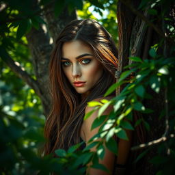 A striking female Amazon warrior with long brown hair and captivating light brown eyes, her face is closed and serene, reflecting a moment of calm focus