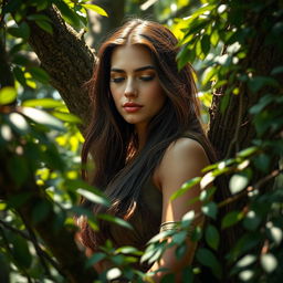 A striking female Amazon warrior with long brown hair and captivating light brown eyes, her face is closed and serene, reflecting a moment of calm focus