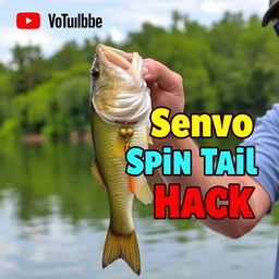 A visually enticing YouTube thumbnail in 1920x1080 resolution showcasing a close-up shot of a large bass being held by an excited fisherman, with the lure senko clearly visible in the fish's mouth