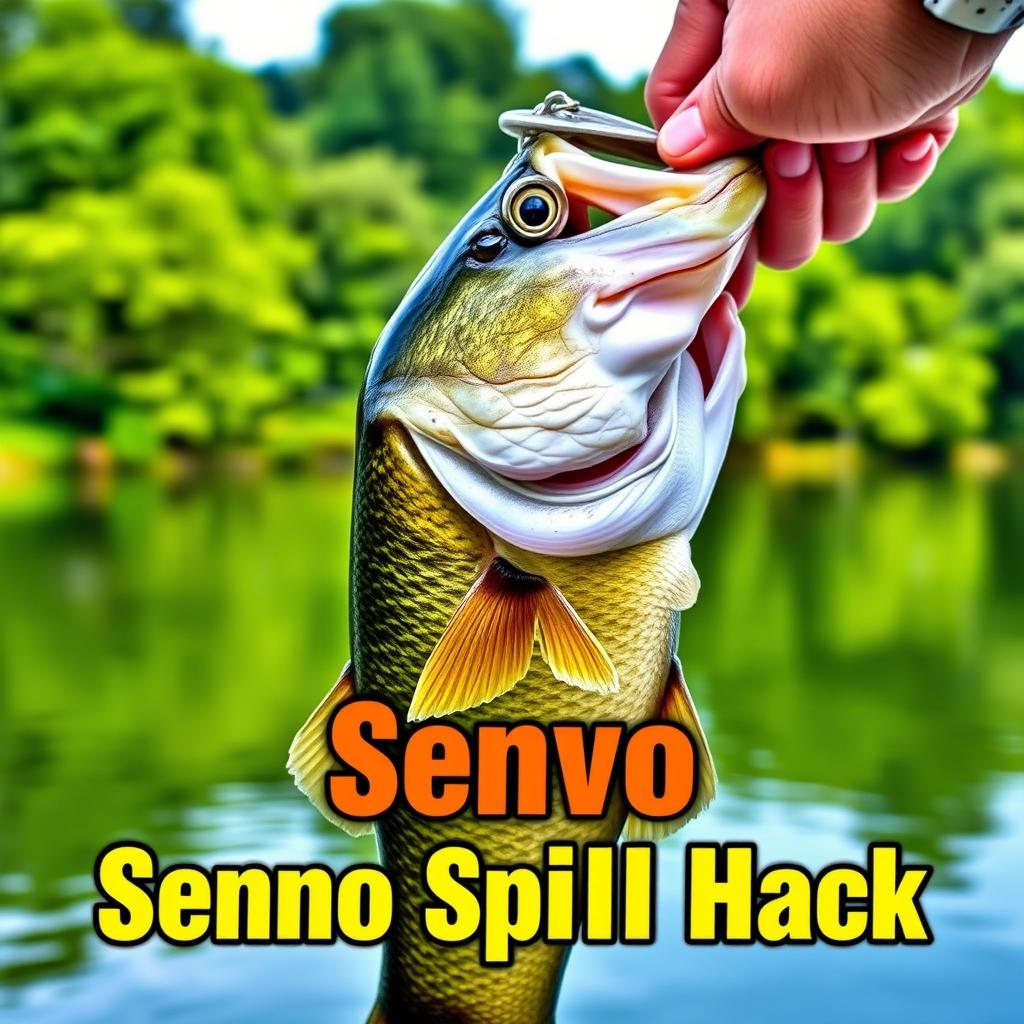 A visually enticing YouTube thumbnail in 1920x1080 resolution showcasing a close-up shot of a large bass being held by an excited fisherman, with the lure senko clearly visible in the fish's mouth