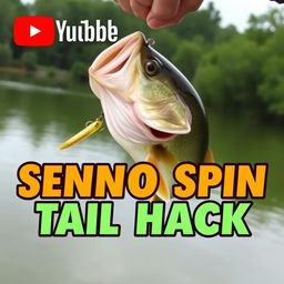 A visually enticing YouTube thumbnail in 1920x1080 resolution showcasing a close-up shot of a large bass being held by an excited fisherman, with the lure senko clearly visible in the fish's mouth