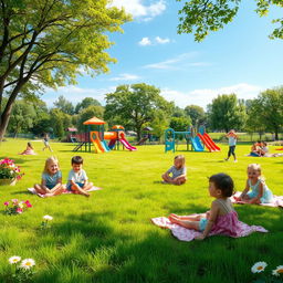 A vibrant children's park filled with lush, realistic grass, colorful playground equipment such as slides and swings, and cheerful children playing and laughing