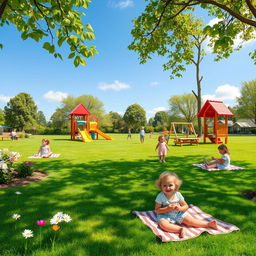 A vibrant children's park filled with lush, realistic grass, colorful playground equipment such as slides and swings, and cheerful children playing and laughing