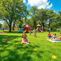 A vibrant children's park filled with lush, realistic grass, colorful playground equipment such as slides and swings, and cheerful children playing and laughing